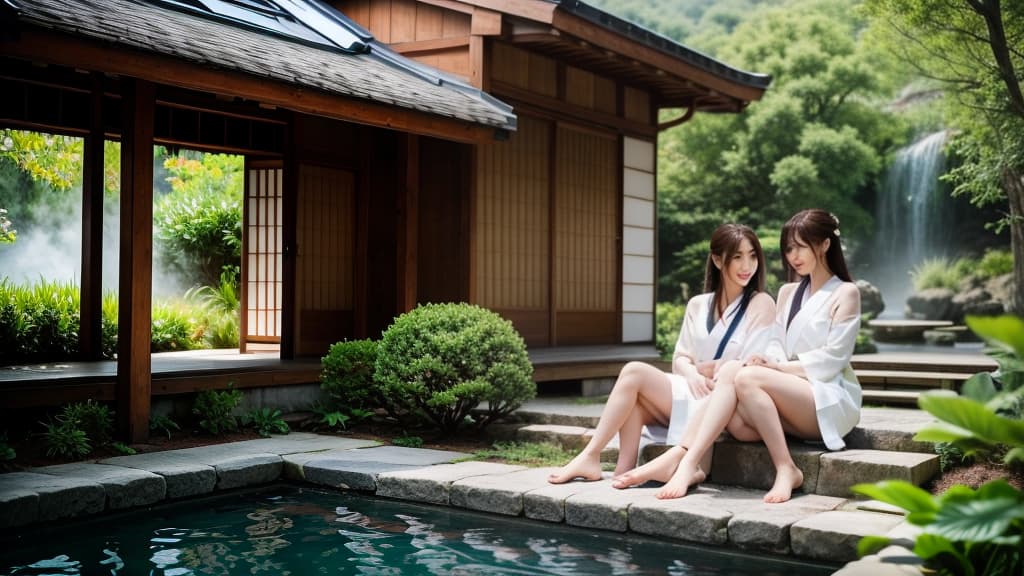  masterpiece, high quality, 4K, HDR BREAK A young mother and her young relaxing together in a traditional Japanese style . BREAK A woman and young , both wearing towels, sitting together in a steaming hot spring or onsen . BREAK The pair sitting side by side, looking relaxed and content, in a tranquil outdoor surrounded by natural scenery. BREAK A serene, misty outdoor setting with wooden fencing and lush greenery in the background. hyperrealistic, full body, detailed clothing, highly detailed, cinematic lighting, stunningly beautiful, intricate, sharp focus, f/1. 8, 85mm, (centered image composition), (professionally color graded), ((bright soft diffused light)), volumetric fog, trending on instagram, trending on tumblr, HDR 4K, 8K