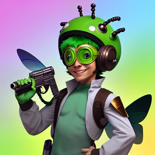  cute cartoon insect beetle character with a green body, big expressive eyes and a smile on his lips. on his head he has a huge brown helmet with goggles, giving him an adventurous look. the insect beetle stands confidently holding a blaster, he has graceful wings and long tendrils. the background is simple and bright inside the starship to emphasize the charm of the funny character with the weapon.