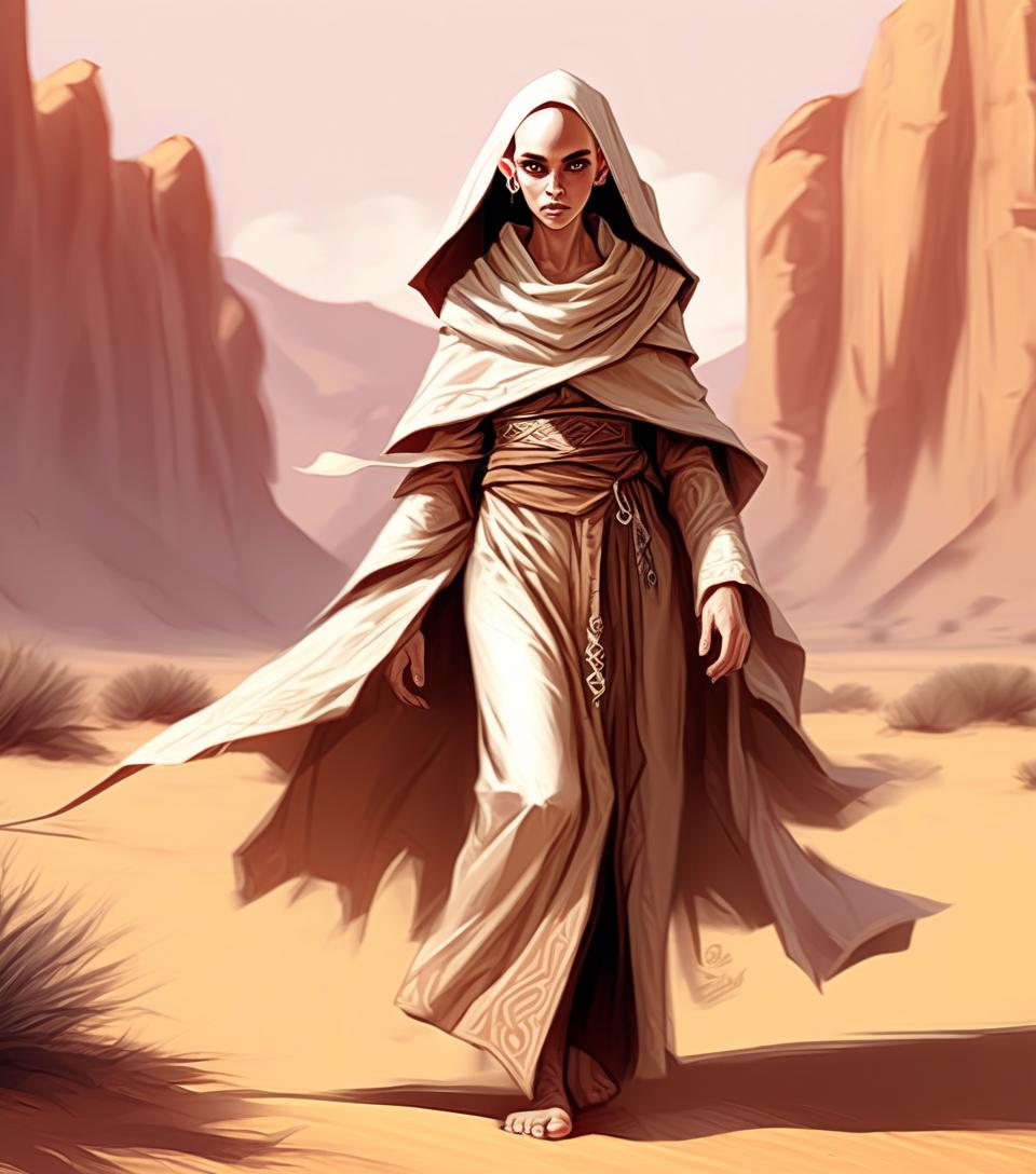  dnd fantasy drawing kind sweet naive high elf girl monk blind bald in a full length monk hat in the desert