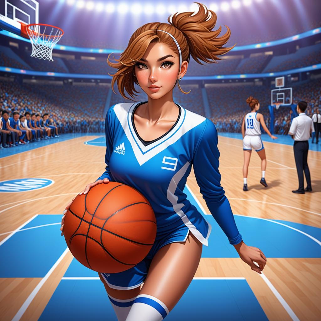  anime art very beautiful, deer girl, tan skin woman, amber doe eyes, white freckles, has deer tail , has deer tail, light brown hair, round lips, straight eyebrows, button nose, round shaped face, short hair, lean figure, long legs, blue and white basket ball jersey, basketball court., award winning, professional, highly detailed, masterpiece