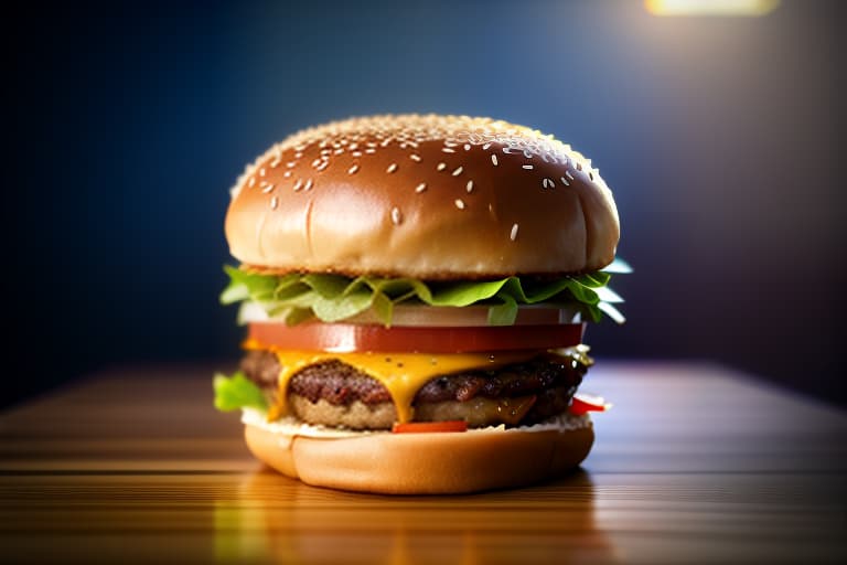  burger, ((((cinematic look)))), soothing tones, insane details, hyperdetailed, low contrast, soft cinematic light, dim colors, exposure blend, hdr, faded, slate grey atmosphere