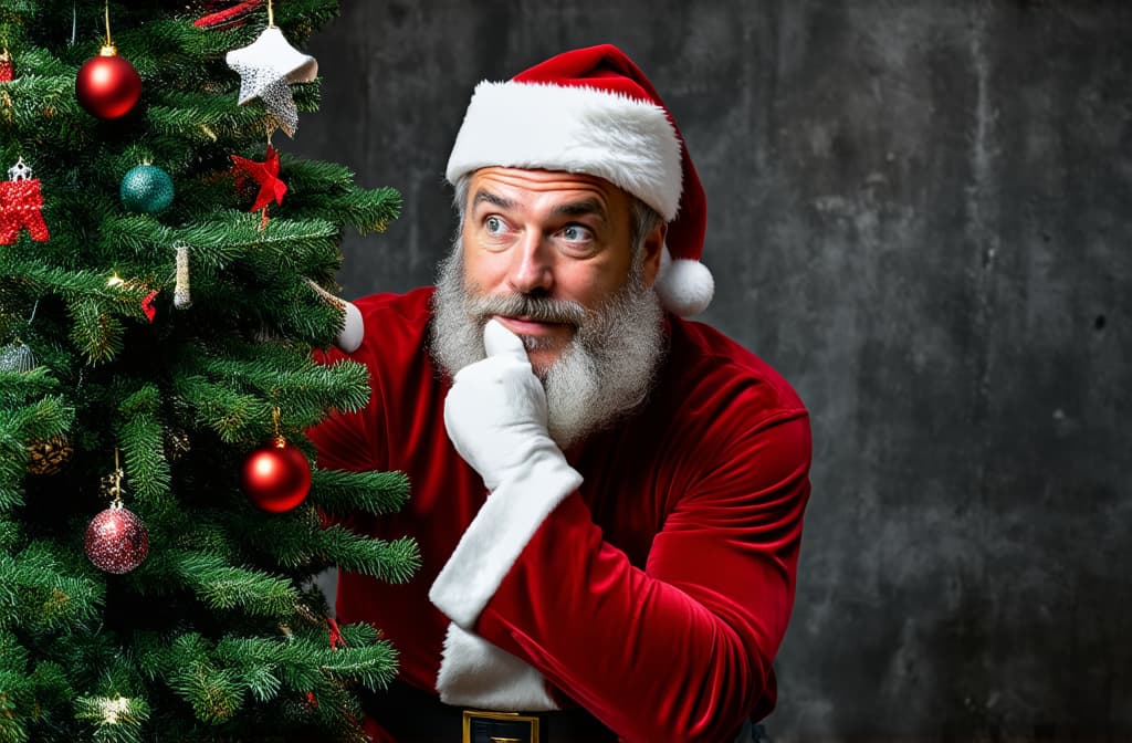  professional detailed photography, santa his he nice attractive content focused dreamy bewildered grey haired top director manager thinking over tree and dark concrete wall background ar 3:2, (muted colors, dim colors, soothing tones), (vsco:0.3)