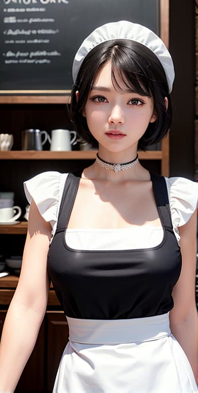  ((masterpiece)), ((best quality)), (ultra detailed), (((coffee shop))), daytime, autumn, a cute girl, 1girl, solo, ((black maid uniform)), ((white maid apron)), beautiful black hair, beautiful black eyes, ((beautiful eyes)), ((short hair)), (((white headband))), light smile, hyperrealistic, full body, detailed clothing, highly detailed, cinematic lighting, stunningly beautiful, intricate, sharp focus, f/1. 8, 85mm, (centered image composition), (professionally color graded), ((bright soft diffused light)), volumetric fog, trending on instagram, trending on tumblr, HDR 4K, 8K