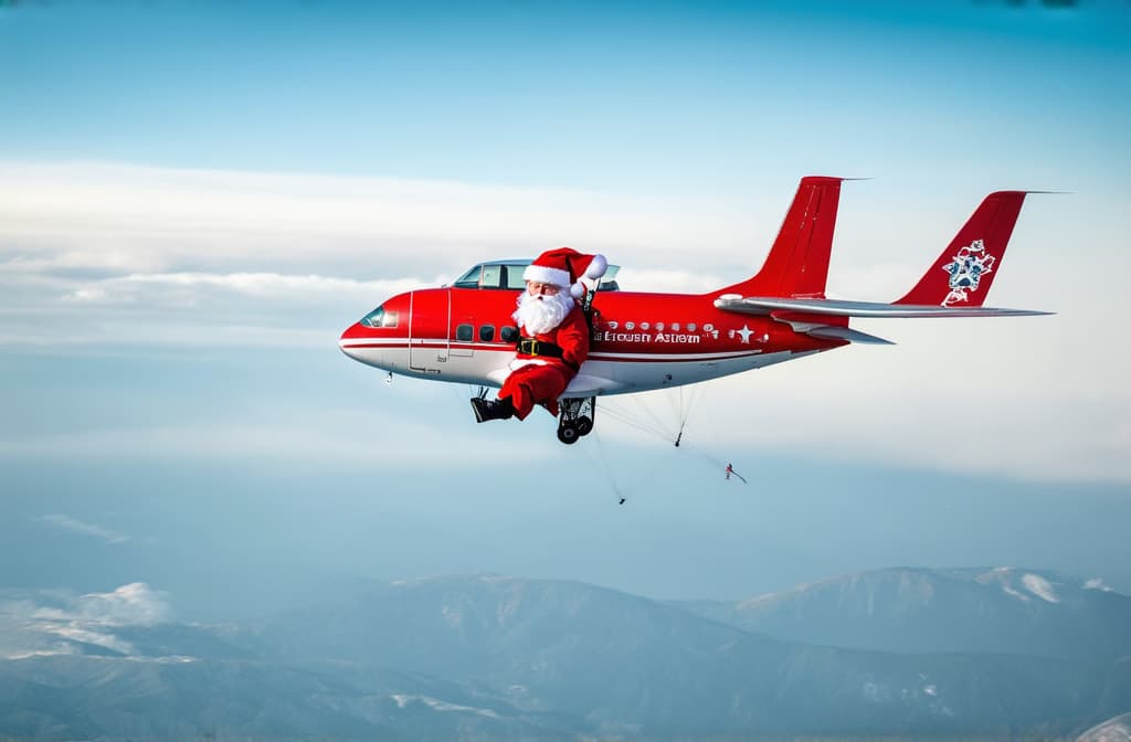  professional detailed photography, photography santa claus parachuting from an airplane ar 3:2, (muted colors, dim colors, soothing tones), (vsco:0.3)