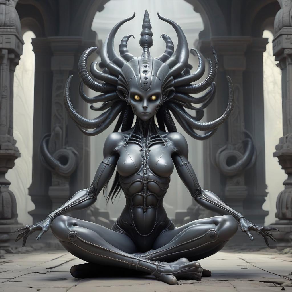  giger's alien (queen) with a female body on an abandoned temple doing yoga, six arms, kali