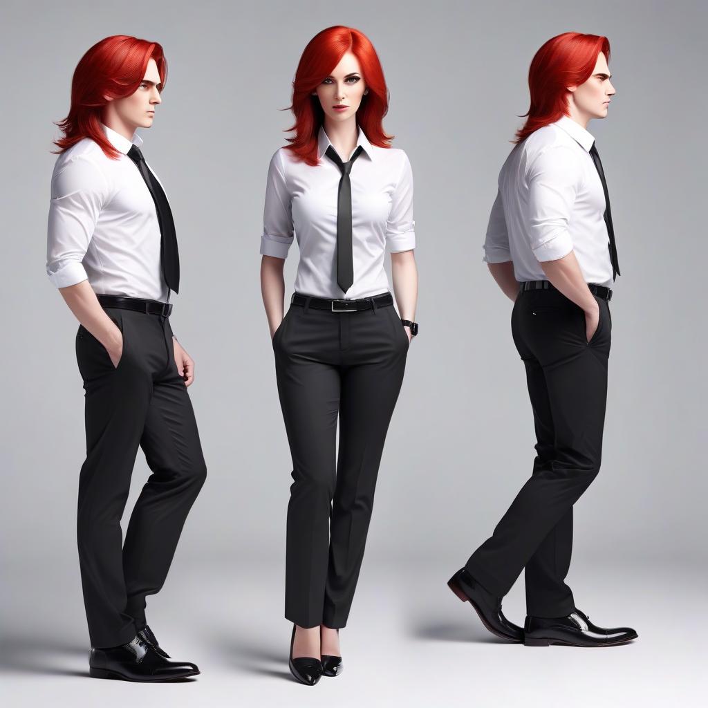  make me a man, a full length office worker, with red hair, on a white background, in a white shirt, in black trousers, in black shoes