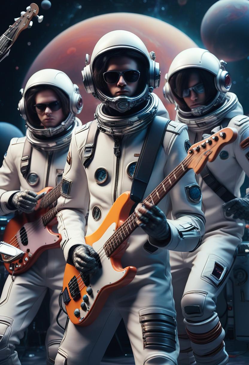  against the background of planets and space, three musicians bassist, guitarist, drummer, in space suits, cyberpunk style