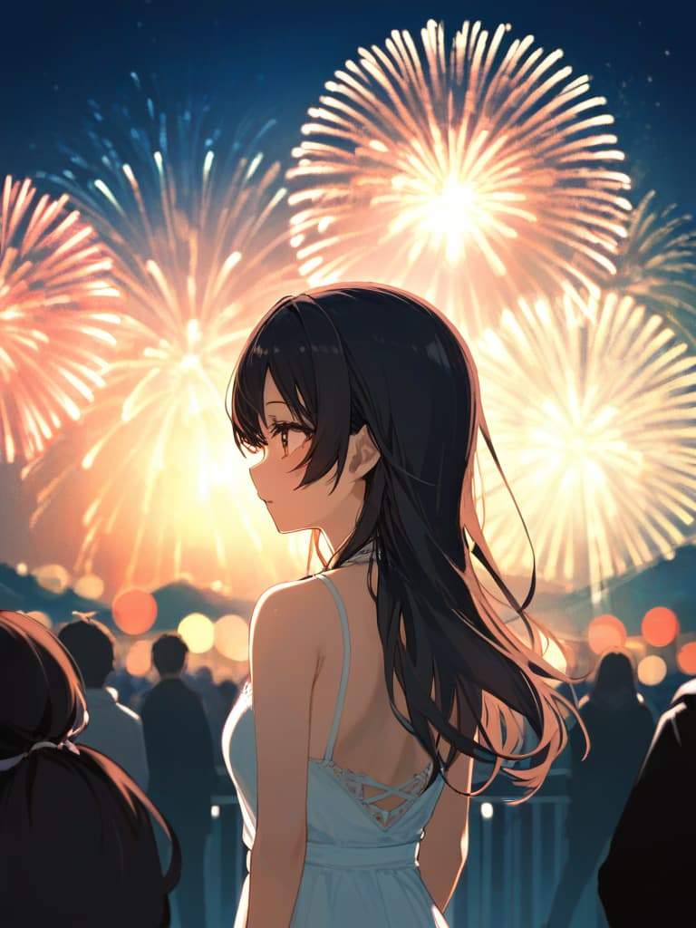  ((summer festival,fireworks,back view: 1.5,watching fireworks,long hair,black hair,white dress,summer festival,watching fireworks))、ultra detailed,best shadow,cute and beautiful face,(masterpiece:1.2),(best quality:1.2),detailed background,high contrast,(best illumination,an extremely delicate and beautiful),((cinematic light)),hyper detail,dramatic light,intricate details,8k,anime,very aesthetic