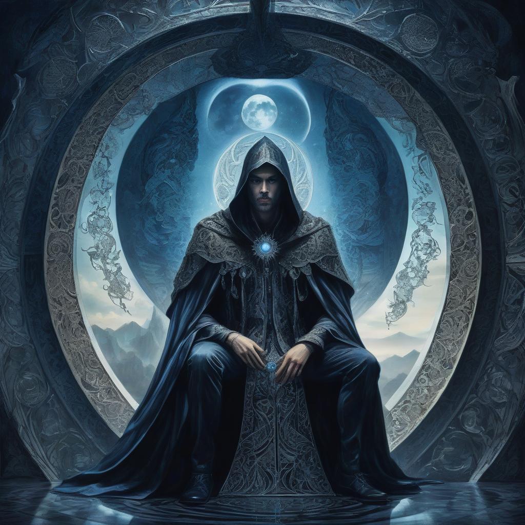  judge on the throne. black dungeon. a man in a cloak and hood. the man in the grotto. judge on the throne. black dungeon. moon. moonlight. big moon. silver rays. (portal: 1,5). portal room. (mirrors: 1.5). (mirror in wall: 1.5). mirror shows blue sky, field, sunlight. another world. double exposure. detailed, detailed drawing. stylistics: intricate zentangle patterns in the manner of karol bak, rahaf dk albab, andrew jones. bright colors. high quality and detail. hdr. masterpiece. double exposure.