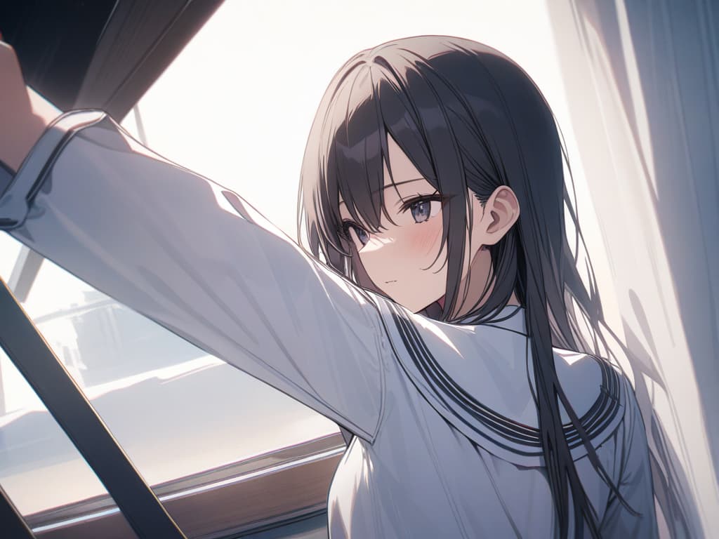  black hair, white summer uniform, masterpiece, best quality,8k,ultra detailed,high resolution,an extremely delicate and beautiful,hyper detail