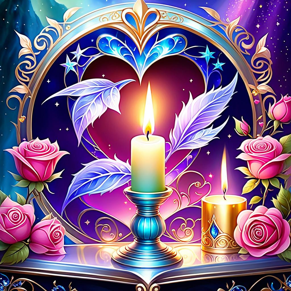  ethereal fantasy concept art of (background):colour:violet blue. (background decoration):silver frames in the shape of hearts and gold fancy stars. (centre):glass square pink candlestick and lighter decorated with fancy roses. (rose colour):pink, dark pink, with cream border. (leaf colour):dark green, green blue, light green. (style):fantasy, fantasy art design, jewellery, interior. . magnificent, celestial, ethereal, painterly, epic, majestic, magical, fantasy art, cover art, dreamy