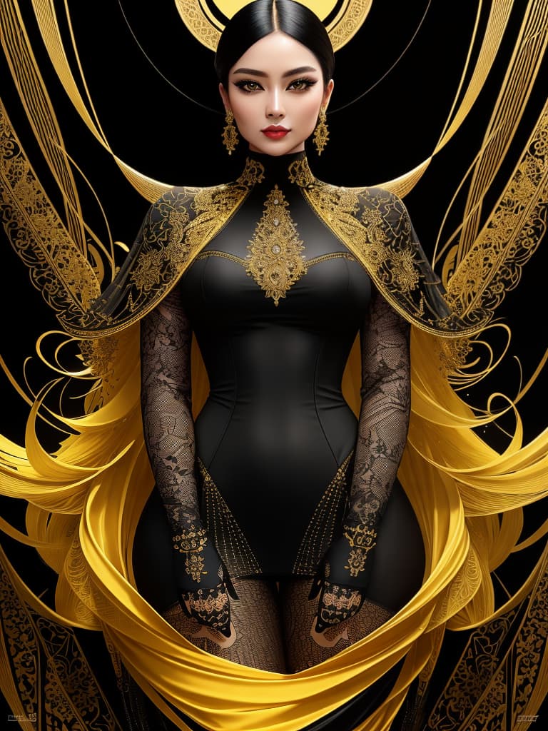  Golden yellow and sleek black color palette, captivating and inviting expression, exuding elegance and charm, magnetic beauty, intricate details, high contrast, luxurious feel, digital art, female, glossy finish, striking composition, dynamic lighting to enhance features.