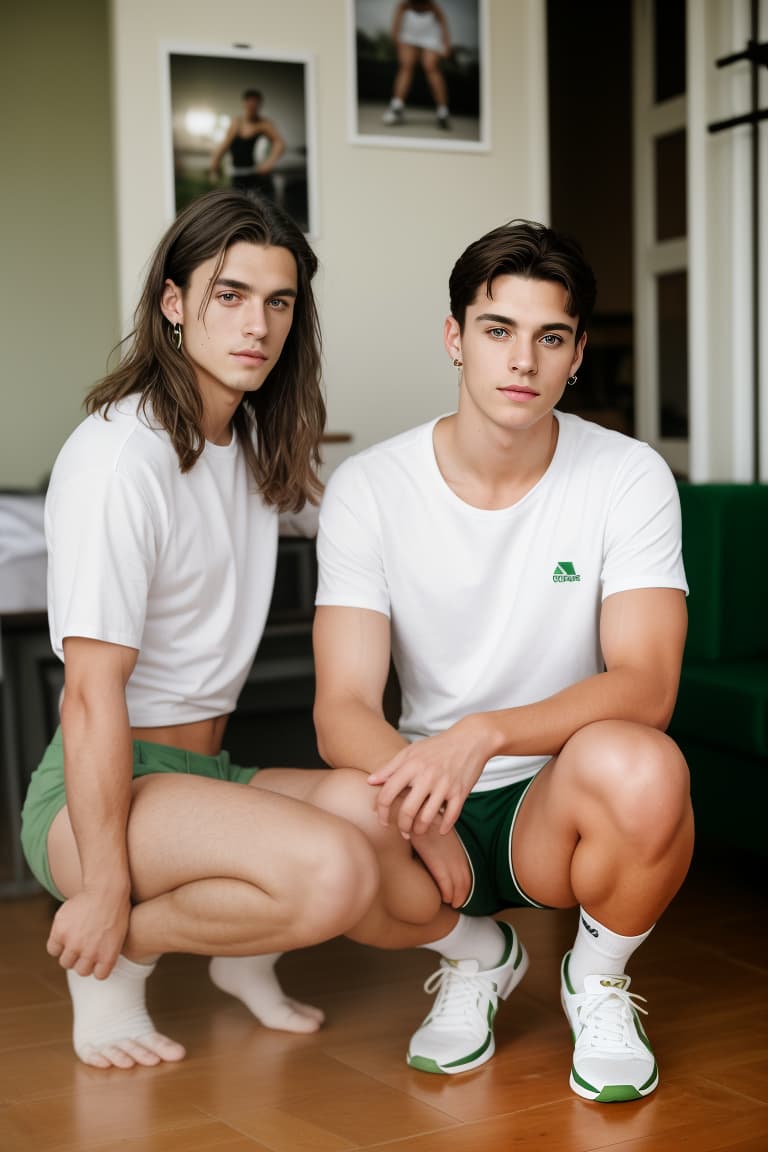  photo of a handsome 18-year- with dark brown hair and green eyes, fair skin, wearing earrings, white socks, and shorts, with s , (friend:1.5), (male:1.5), man, ,,in a German-themed setting,squatting, polaroid photo, , perfect lighting, masterpiece, best quality, symmetric eyes