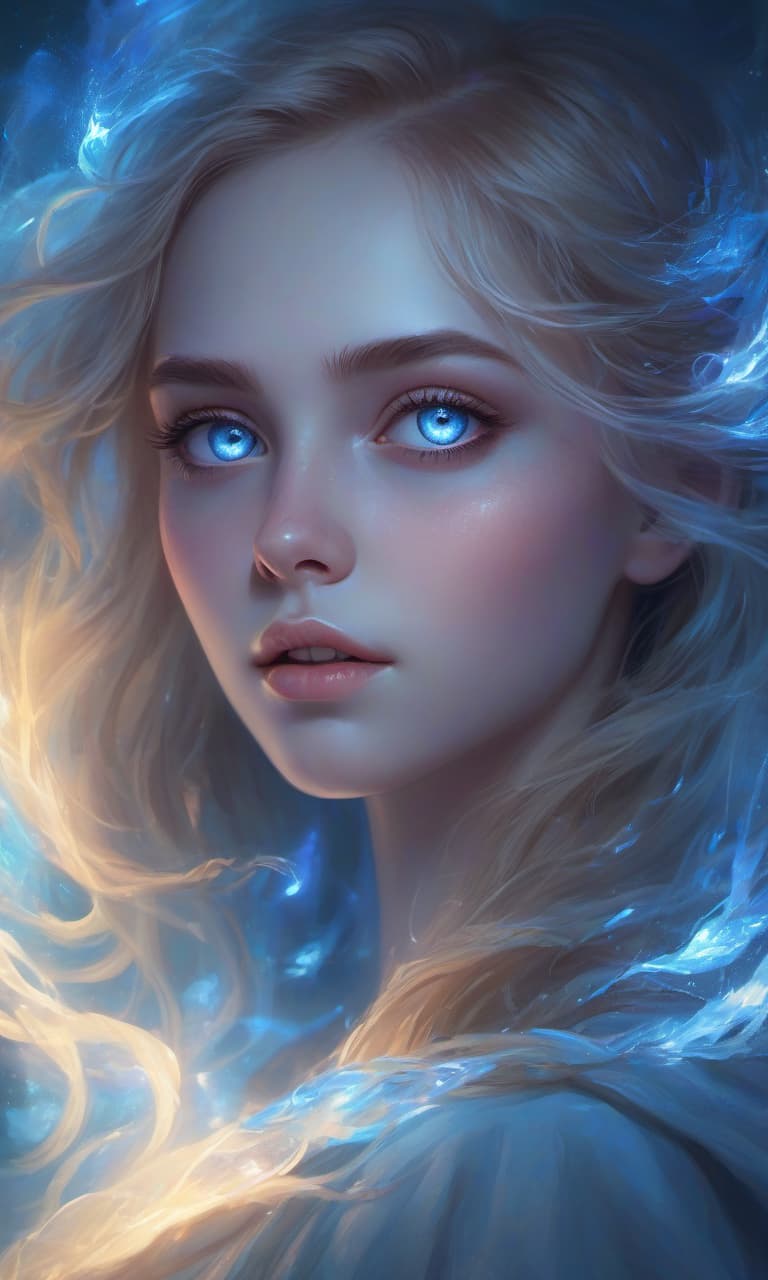  ethereal fantasy concept art of a girl with large blue eyes that shine with a bright, magical light, as if energy was burning inside them. the eyes radiate a mystical glow, emphasizing their depth and mystery . magnificent, celestial, ethereal, painterly, epic, majestic, magical, fantasy art, cover art, dreamy, hkmagic