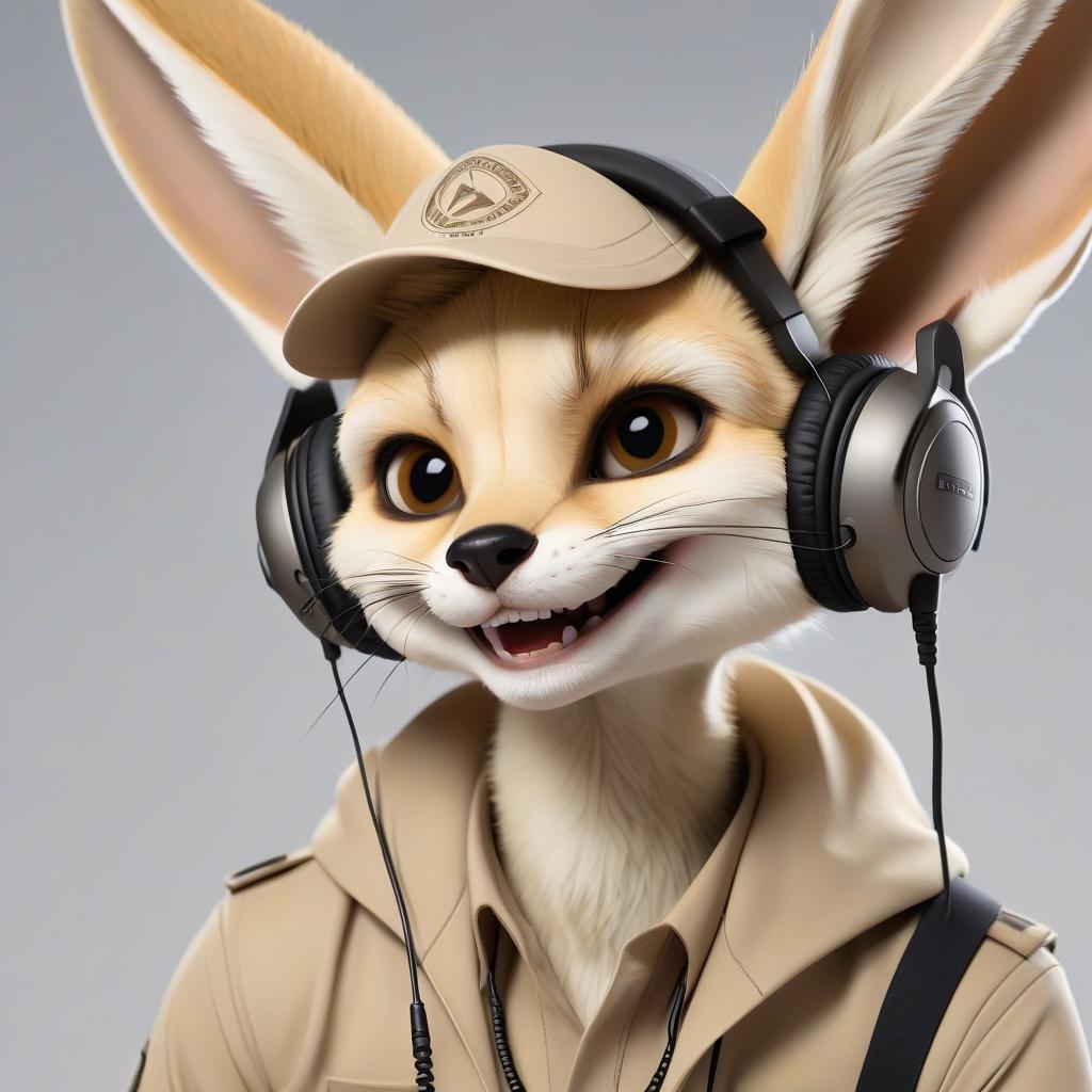  breathtaking fennec technical support operator, working in headphones, close up head, smiling . award winning, professional, highly detailed