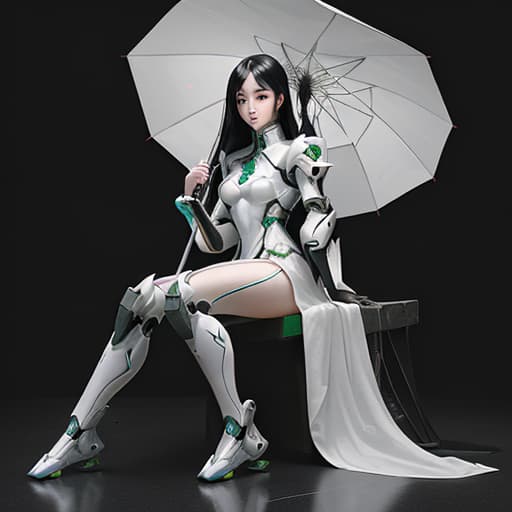  beautiful chinese girl wearing white and g reen mecha armor, full body photo with long black hair, sitting on the ground holding an umbrella in her hand, in the style of cyberpunk, with a futuristic robot design and mecha armor details, chest to waist ratio of 3/4, full body photo, in the style of cyberpunk.