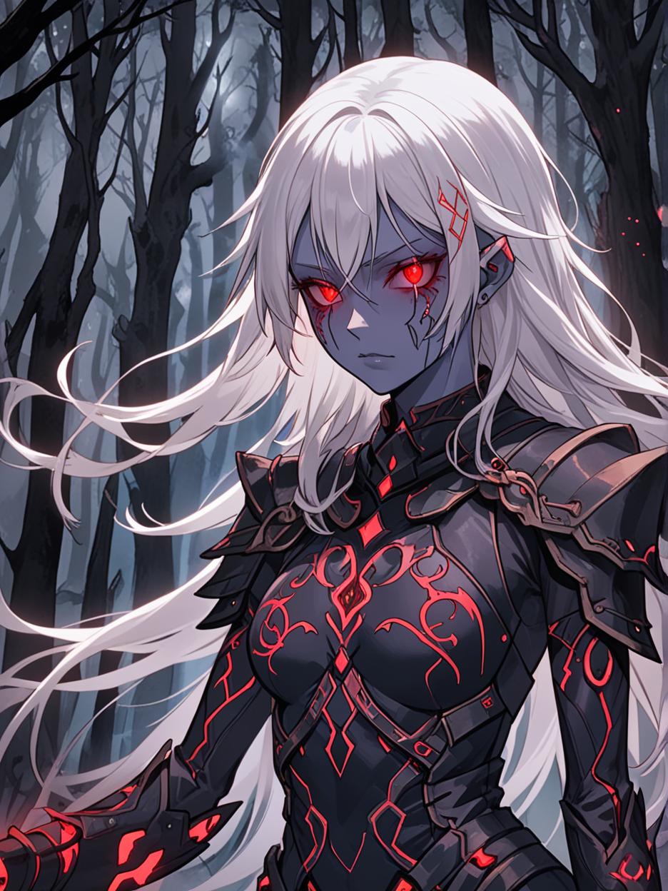  manga artwork an anime photo of a female sorceress wearing a mix of matte black metal with armor of iridescent synthetic cloths. the woman has long white hair, luminescent red eyes, gray skin, and luminescent red scars on her face. the figure is wrapped in a dark garment engraved with runes, woven with luminescent threads that pulsate with a dark red hue. below the garment, visible on the figure's neck and hands, are circuit shaped tattoos that pulsate with electric red energy, integrating seamlessly into the high tech design. the background of the photo is a dark, misty forest at night, with tall, gnarled trees and bioluminescent plants casting a mysterious light. the figure is a sentinel, exuding an aura of dark wisdom and arcane power, i