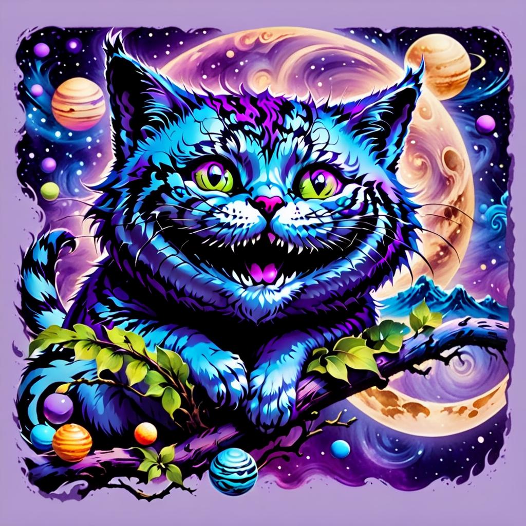  dreamscape the cheshire cat smiles broadly and sits on a branch, purple black purple in color, space, moon and planets in the background . surreal, ethereal, dreamy, mysterious, fantasy, highly detailed, t shirt design