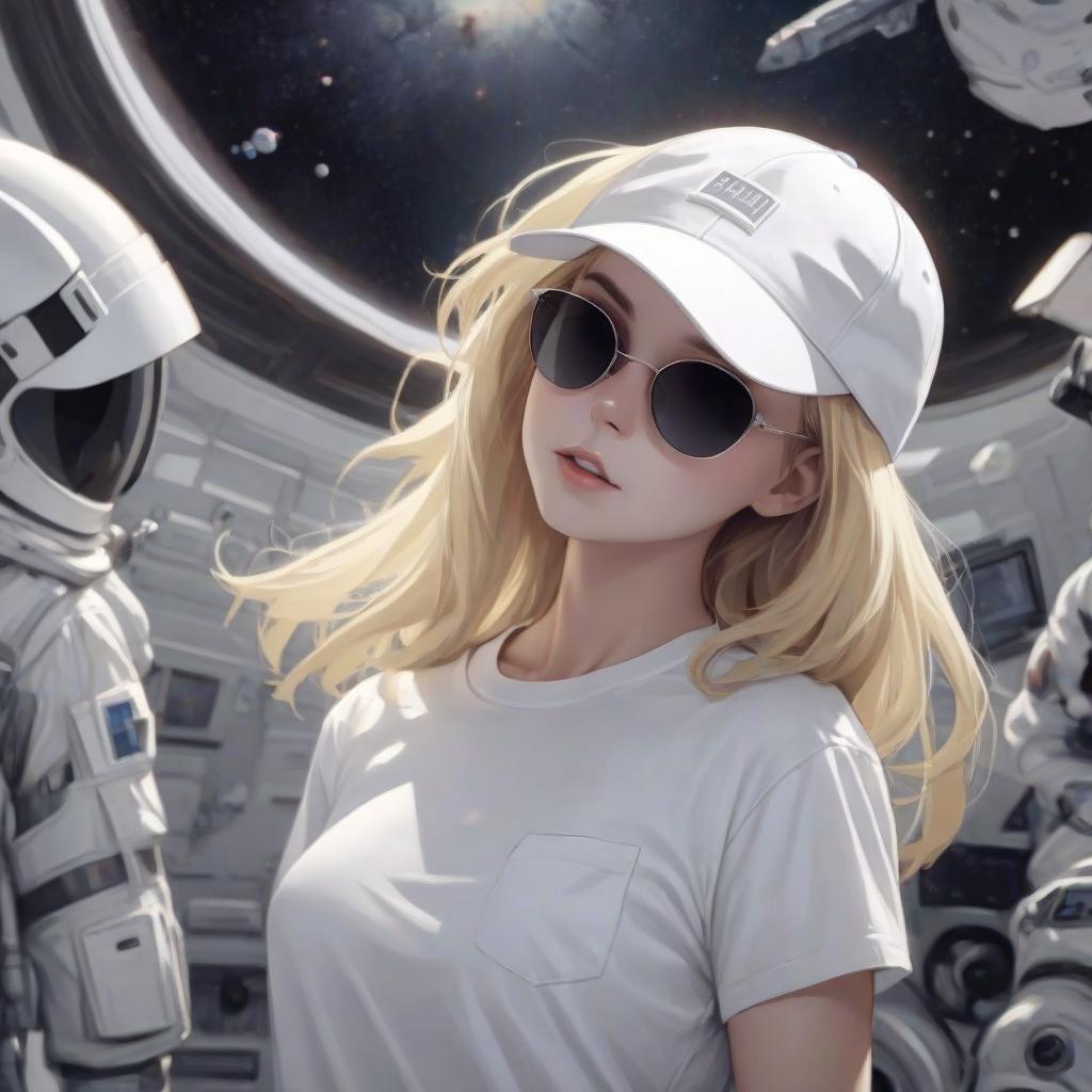  blonde girl in a white t shirt, dark sunglasses and a white cap, space