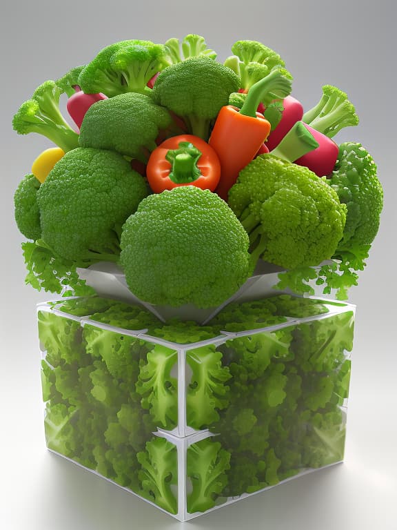  3d visualization of the cube in isometry, consisting entirely of fresh vegetables and broccoli, creates a unique and original composition. the cube is filled with bright vegetables such as shiny red and yellow bulgarian peppers, bright orange carrots and golden potatoes with smooth peels that blend neatly with broccoli. broccoli creates a lush textured background, creating a striking contrast with smooth multi colored vegetables and emphasizing the cube's edges. the cube is located in the center on a simple white background, which enhances the brightness of the colors and emphasizes the freshness of the product. the lighting is bright and uniform, it emphasizes the glossy surface of vegetables and the rich green texture of broccoli, without