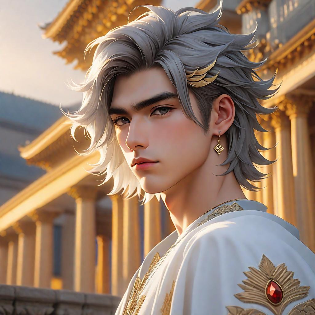  3d, (masterpiece, top quality, best quality, official art, beautiful and aesthetic:1.2), (fractal art: 1.3), anime art very beautiful asian male straight hair, white shoulder length hair, pale skin. grey eyes. eyebags. long dark lashes. diamond shaped face. sharp jawline. thin lips. low soft angled eyebrows. greek nose. tongue piercing. industrial piercing. lobe piercing. low set cheekbones. helix piercing. looking the sky, medium shot, golden hour college boy, award winning, professional, highly detailed, masterpiece