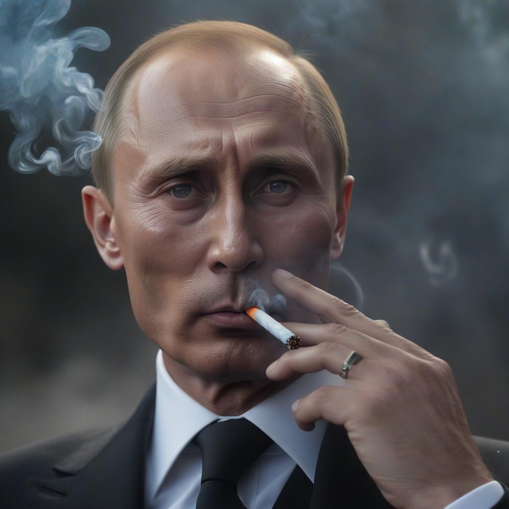  cinematic photo a close up of a man in a suit smoking a cigarette, putin as james bond 0 0 7, putin, photo of putin, vladimir putin, shocked face of putin demon, putin inhaling from copium tank, vladimir putin awe face, putin portrait, portrait of putin, putin face, he is smoking a cigarette, profile putin, smoking weed, dramatic smoking pose . 35mm photograph, film, bokeh, professional, 4k, highly detailed