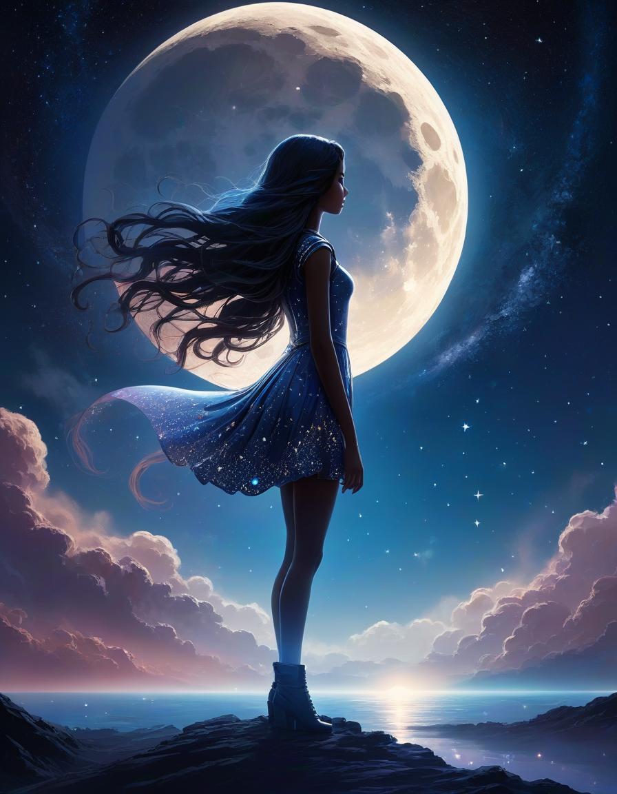  space themed silhouette of a girl against a huge moon, long hair, slender figure, wind, twinkling stars, filigree; painting; magical glow; exquisite; emotional graphics; concept art, 1/250 sec, iso 100 . cosmic, celestial, stars, galaxies, nebulas, planets, science fiction, highly detailed