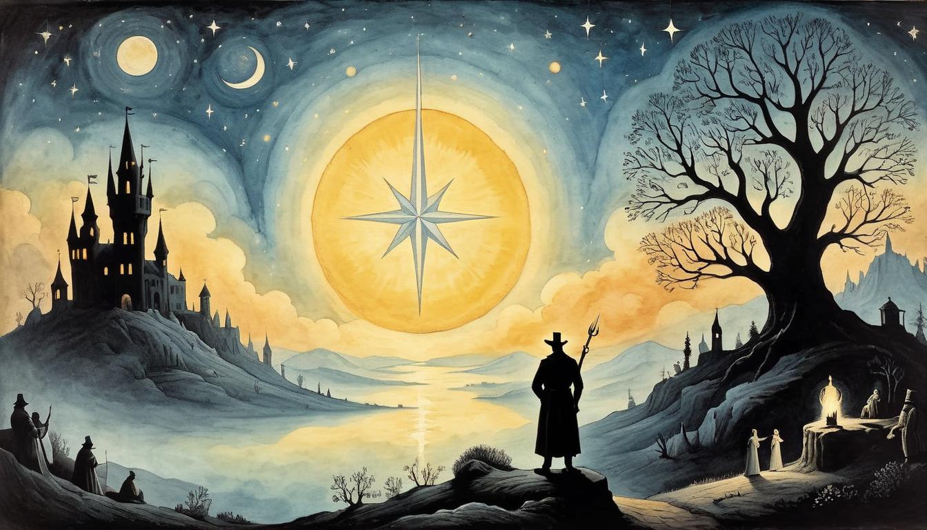  on parchment, surrealism+++, silhouetted figures watching a bright star ascend, witnessing, awe struck, recognition(mysterious, provocative, symbolic,muted color)+++