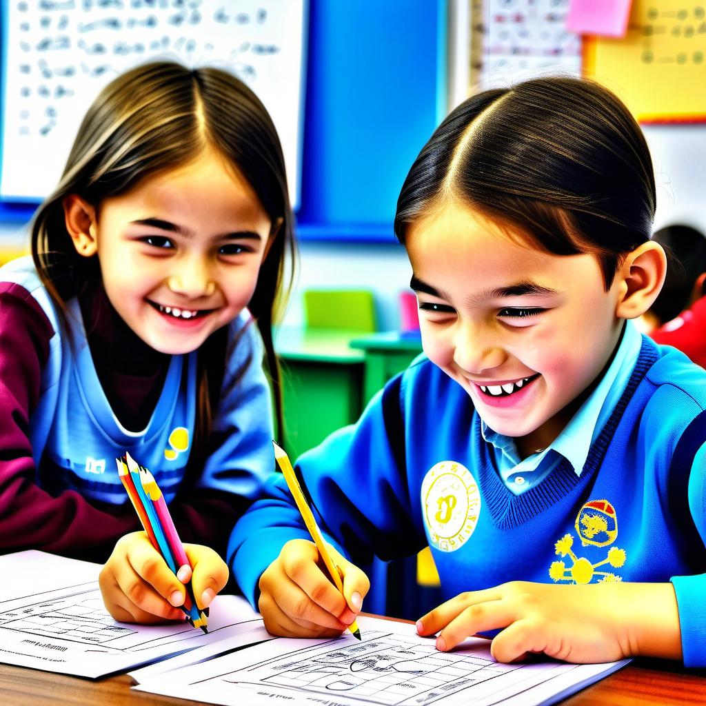  hdr photo of photo of 2 very young schoolchildren of pretty kazakhs a boy and a girl, they enthusiastically solve tasks at the mathematical olympiad, the boy smiles, explains and points to the girl at something in her worksheet, the girl smiles and looks at him, on the table writing supplies pencils, rubber band, books, middle general plan . high dynamic range, vivid, rich details, clear shadows and highlights, realistic, intense, enhanced contrast, highly detailed, film photography style