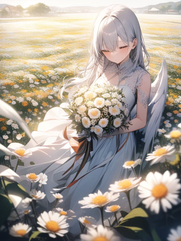  fantastic, having a bouquet, girls, beautiful, angel feathers, flower fields, crying, masterpiece, best quality,8k,ultra detailed,high resolution,an extremely delicate and beautiful,hyper detail