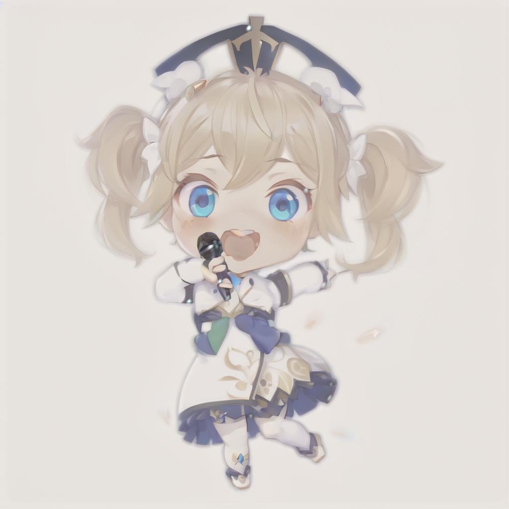  anime artwork anime chibi cute girl barbara from genshin impact with microphone in hand . anime style, key visual, vibrant, studio anime, highly detailed, perfect hands