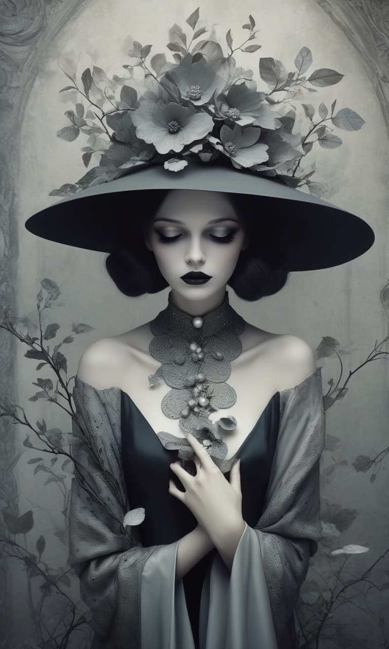  gothic style op art+art deco:a surreal monochrome figure with a pale porcelain colored face and delicate, graceful facial features, an aesthetic form, dressed in a dark wide brimmed hat decorated with silver flowers and brown green foliage. the figure has grayish closed eyes, pearls on her neck, she holds a twisted branch with silver leaves in one hand. the background is slightly blurred and contrasts with the rough, organic texture of the white brick on top. gradient, fractal of gray dots and circles, 16k sharpen, cgi . dark, mysterious, haunting, dramatic, ornate, detailed