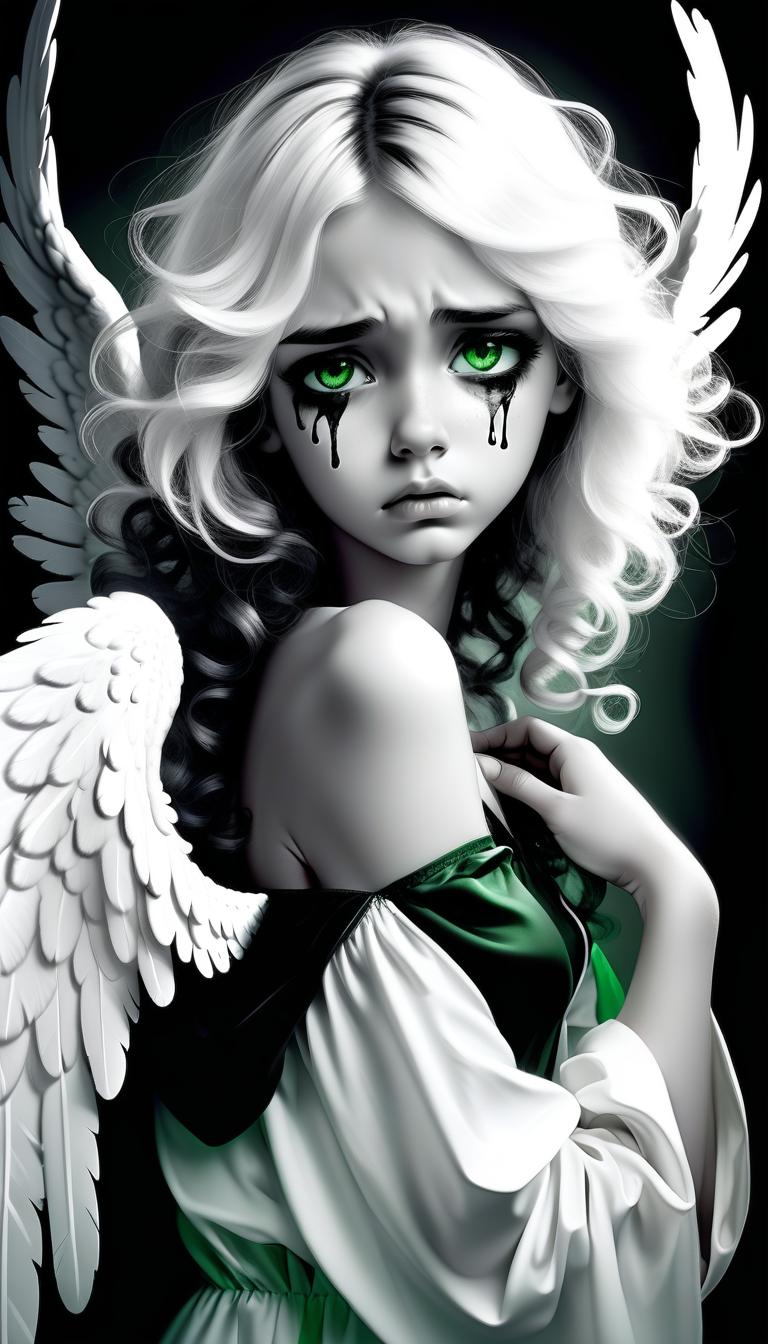  1) a very sad angel in tears, 2) one wing white, the other black, open (3) curly black and white hair, the right half of the hair on the head is white, the left half of the hair on the head is black. 4) angel takes off (5) black and white art 6) green eyes remaining black and white (7) in wounds