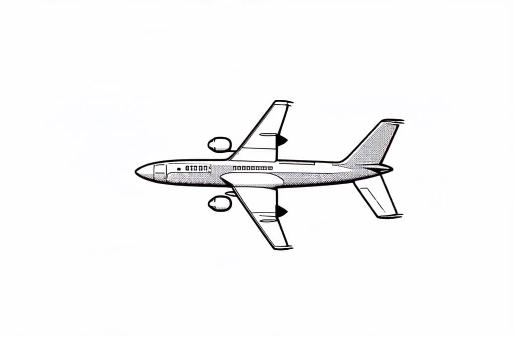  contour, very simple image in one unbroken black ink line, single line of airplane schematic view from above ar 3:2 using a single continuous black line ink brushon white background, drawing should be created without lifting the pen, recognizable features of airplane schematic view from above ar 3:2 in one unbroken line