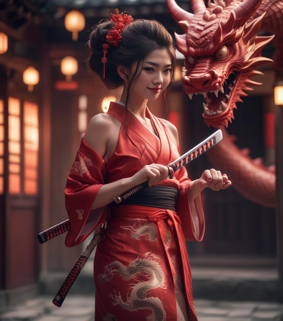  8k uhd, dslr,film grain, fujifilm xt3,(best quality:1.3), (masterpiece:1.1), high resolution, cinematic light, intricate details, (photorealistic) (night scene) a realistic backlight dramatic red tone light photography full body of a beautiful japanese geisha girl,looking forward ((facial texture pore detail)), grin demonic smile, simple messy hairdo, wearing satin black kimono with traditional dragon motif, open shoulder, full body colourful dragon tattoo, holding long katana blade, inside traditional villa, 8k, bokeh foreground