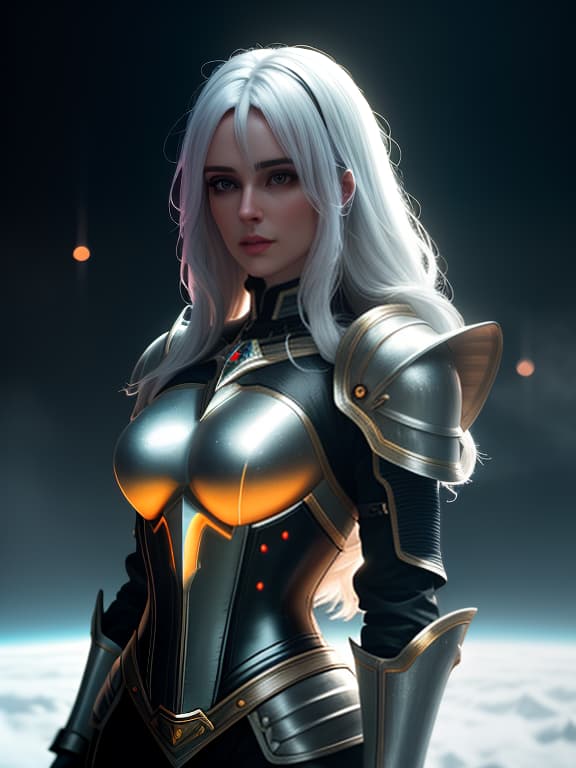  surrealistic fantasy image in a space theme, (planets, outer space, stars, twilight, detailed), 1 young , a knight, is in outer space, looking at the viewer, with long hair, snow white hair color, closed armor made of metal, leather corset, metal shoulder pads, made of thin metal plates, parted lips, her body is enveloped in an aura of warm neon luminescent soft light, (extremely detailed oil painting:1.2), glow effects, godrays, hand drawn, render, 8k, octane render, cinema 4d, blender, dark, atmospheric 4k ultra detailed, cinematic sensual, sharp focus, humorous ilration, big depth of field, masterpiece, colors, 3d octane render, 4k, concept art, trending on artstation, hyperrealistic, vivid colors, extremely detailed  hyperrealistic, full body, detailed clothing, highly detailed, cinematic lighting, stunningly beautiful, intricate, sharp focus, f/1. 8, 85mm, (centered image composition), (professionally color graded), ((bright soft diffused light)), volumetric fog, trending on instagram, trending on tumblr, HDR 4K, 8K