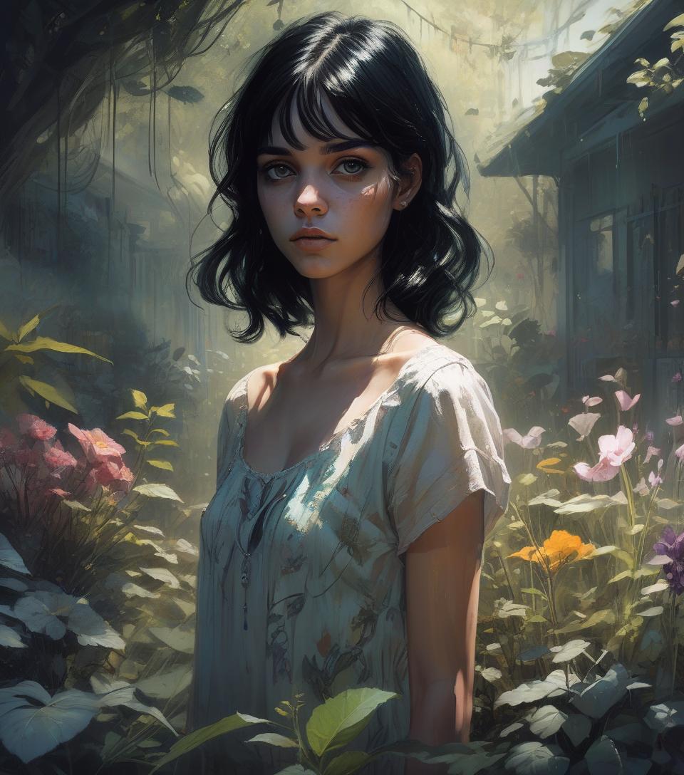  concept art complex background, dramatic light,portrait of a girl , garden, beautiful and young, black hair , cute, delicate face, stunning, cinematic, by melanie delon, rebecca sugar, frank frazetta, carne griffiths . digital artwork, illustrative, painterly, matte painting, highly detailed