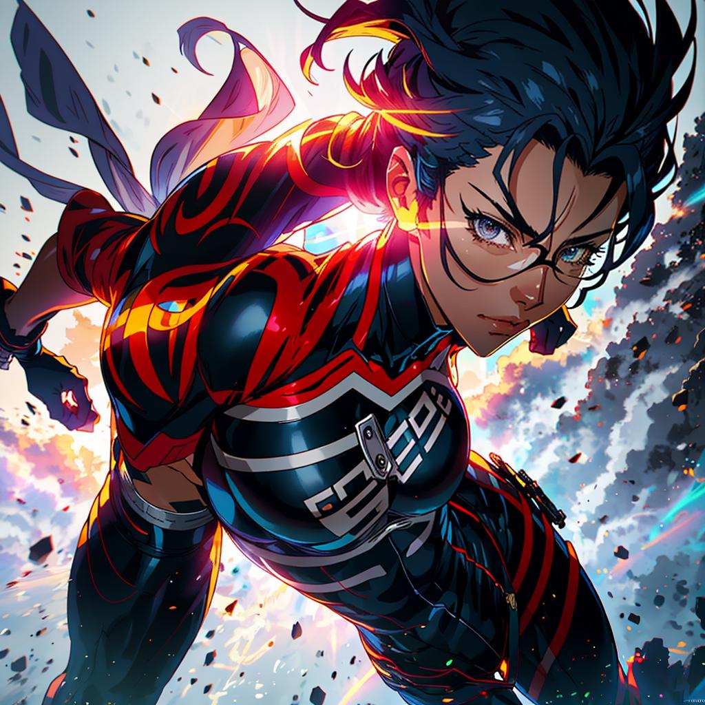  a hero with a costume and a quirk, in the vibrant and dynamic style of kohei horikoshi, with exaggerated action poses,upper body portrait hyperrealistic, full body, detailed clothing, highly detailed, cinematic lighting, stunningly beautiful, intricate, sharp focus, f/1. 8, 85mm, (centered image composition), (professionally color graded), ((bright soft diffused light)), volumetric fog, trending on instagram, trending on tumblr, HDR 4K, 8K