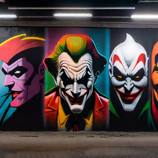  graffiti of gojo, and joker on the wall, aesthetic dark icon. hyperrealistic, full body, detailed clothing, highly detailed, cinematic lighting, stunningly beautiful, intricate, sharp focus, f/1. 8, 85mm, (centered image composition), (professionally color graded), ((bright soft diffused light)), volumetric fog, trending on instagram, trending on tumblr, HDR 4K, 8K