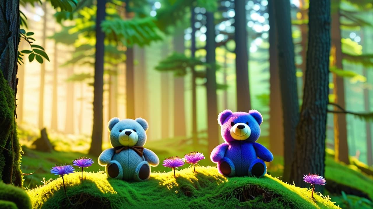  a serene forest scene showcasing plush toys made from ecofriendly materials, surrounded by soft green moss, colorful wildflowers, and sunlight filtering through trees, emphasizing nature and sustainability in a gentle, inviting atmosphere. hyperrealistic, full body, detailed clothing, highly detailed, cinematic lighting, stunningly beautiful, intricate, sharp focus, f/1. 8, 85mm, (centered image composition), (professionally color graded), ((bright soft diffused light)), volumetric fog, trending on instagram, trending on tumblr, HDR 4K, 8K