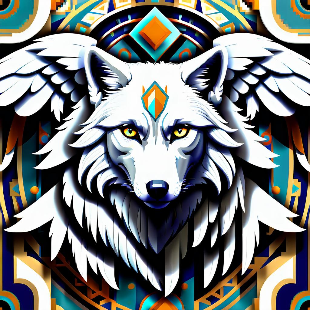  art deco style white wolf with wings. no background. . geometric shapes, bold colors, luxurious, elegant, decorative, symmetrical, ornate, detailed