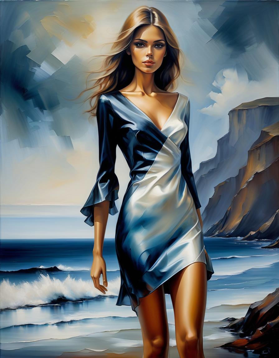  oil painting, oil girl in an oil revealing silk mini dress with a neckline, the background of the sea shore is painted with acrylic, darkening with ink, simple, clean, uncluttered, modern, elegant