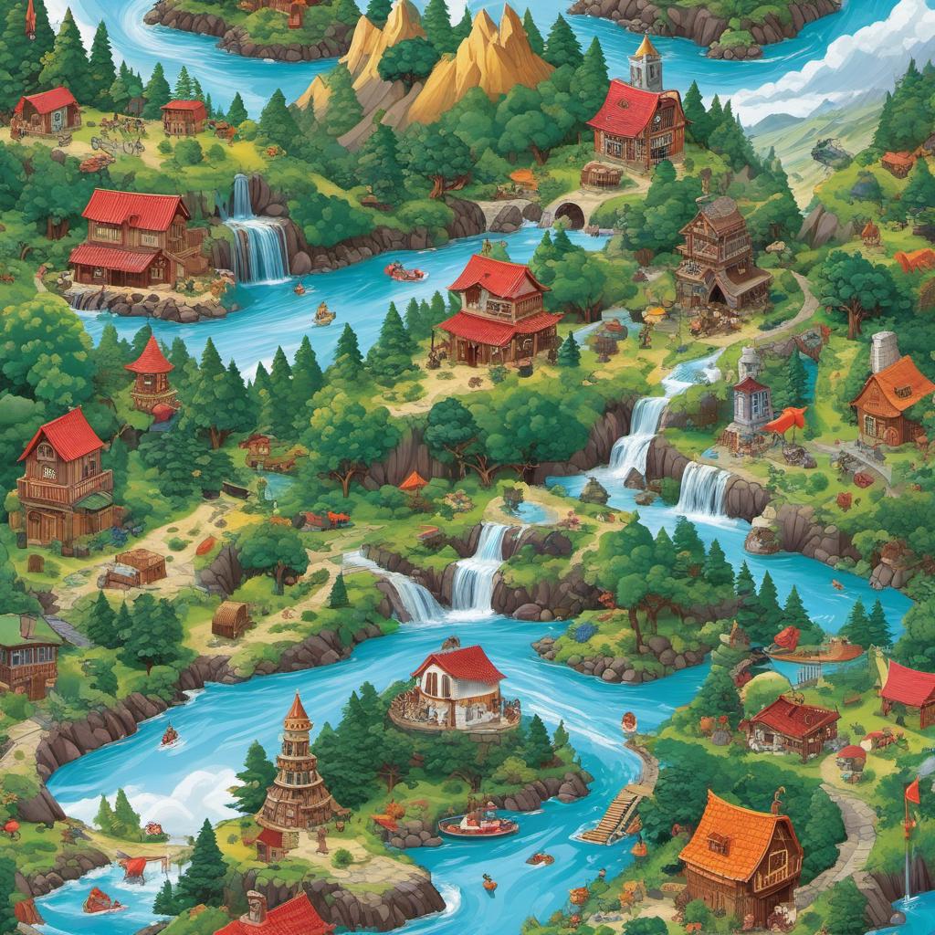  make a busy picture with an even distribution of buildings, mythical animals, food, mountains, trees, rivers and other things for an i spy page, painting style