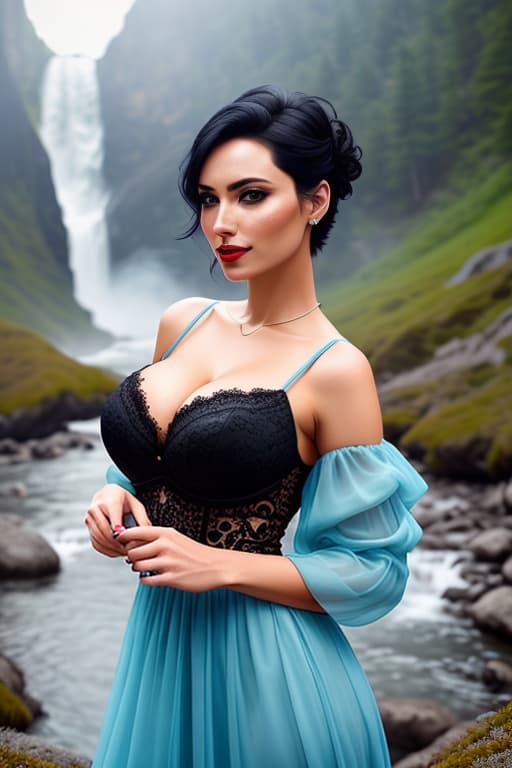  4k, ultra realistic, a photograph of a playful lady, undercut hair, black hair, lusty Summer dress, amazing body, light blue eyes, carmin red lips, pronounced feminine feature, busty, very deep cleavage, teeth, wyoming mountains , Waterfall, spring, bokeh, [black hair], freckles, flirting with camera hyperrealistic, full body, detailed clothing, highly detailed, cinematic lighting, stunningly beautiful, intricate, sharp focus, f/1. 8, 85mm, (centered image composition), (professionally color graded), ((bright soft diffused light)), volumetric fog, trending on instagram, trending on tumblr, HDR 4K, 8K