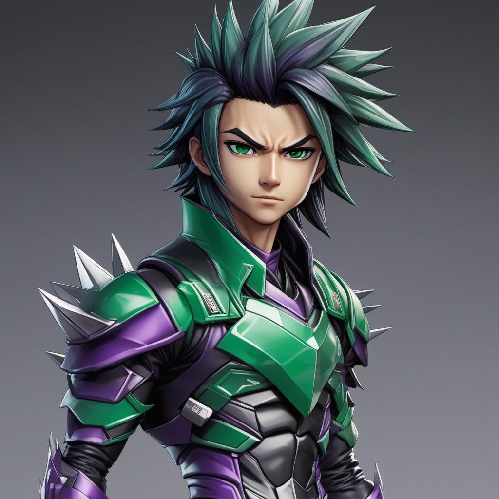  green and purple guy with medium spikey black hair gamer chibi style, anime style, manga style, manhwa style