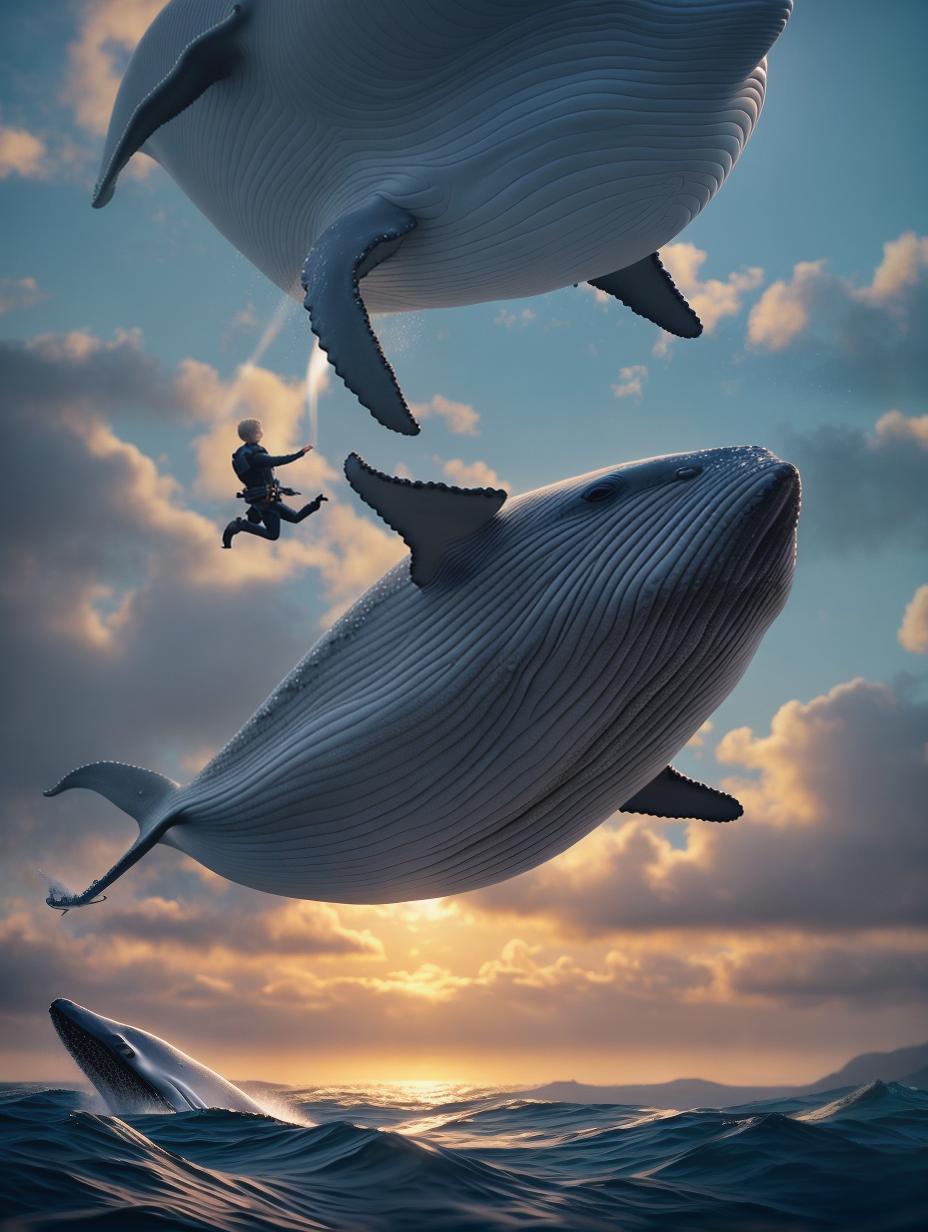  a hyper realistic whale whit a blond boy on its back, flying surfing the sea hyperrealistic, full body, detailed clothing, highly detailed, cinematic lighting, stunningly beautiful, intricate, sharp focus, f/1. 8, 85mm, (centered image composition), (professionally color graded), ((bright soft diffused light)), volumetric fog, trending on instagram, trending on tumblr, HDR 4K, 8K