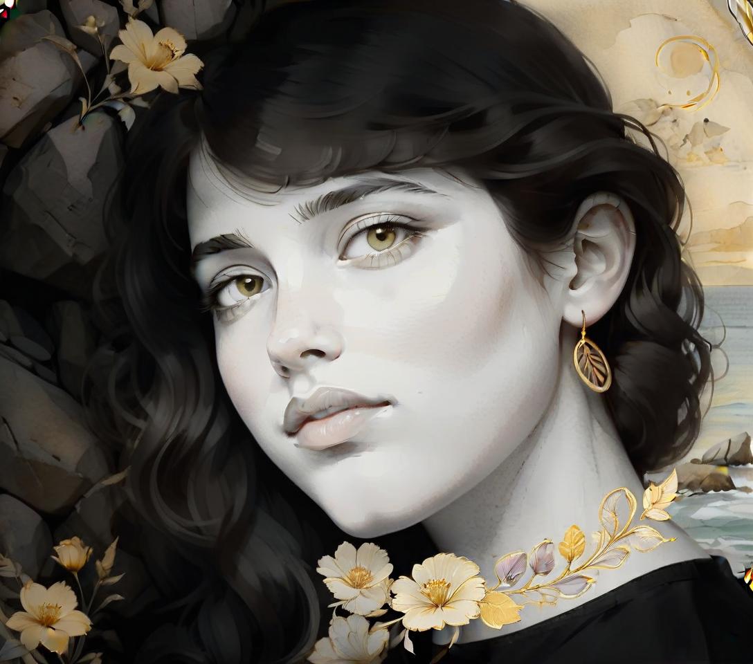  the face of the girl in an oval frame with gold drawings on the oval of three half arcs, in the frame of oval flowers on the frame, the portrait of the girl is made in delicate yellow and gray tones, watercolor, in the background the sea and rocks, a blurred background., on parchment