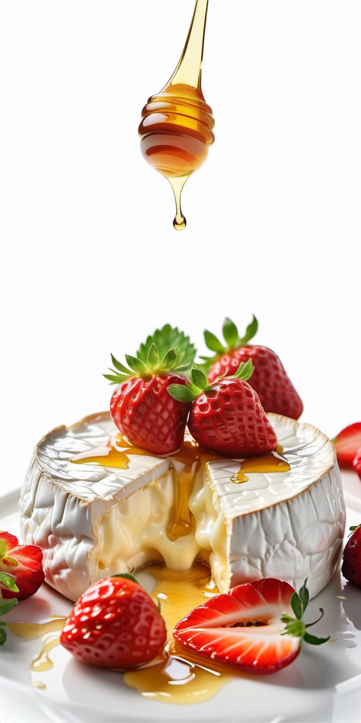  food photography style realistic photo of camembert cheese stretches and melts, watered with honey, around strawberries, white background . appetizing, professional, culinary, high resolution, commercial, highly detailed, film photography style