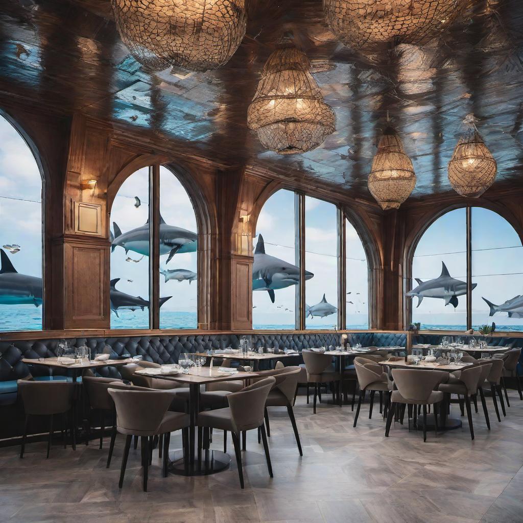  restaurant avec les murs et le sol en aquarium, avec des requins et des poissons dedans avec une vue panoramique sur le pont westminster , profile image style