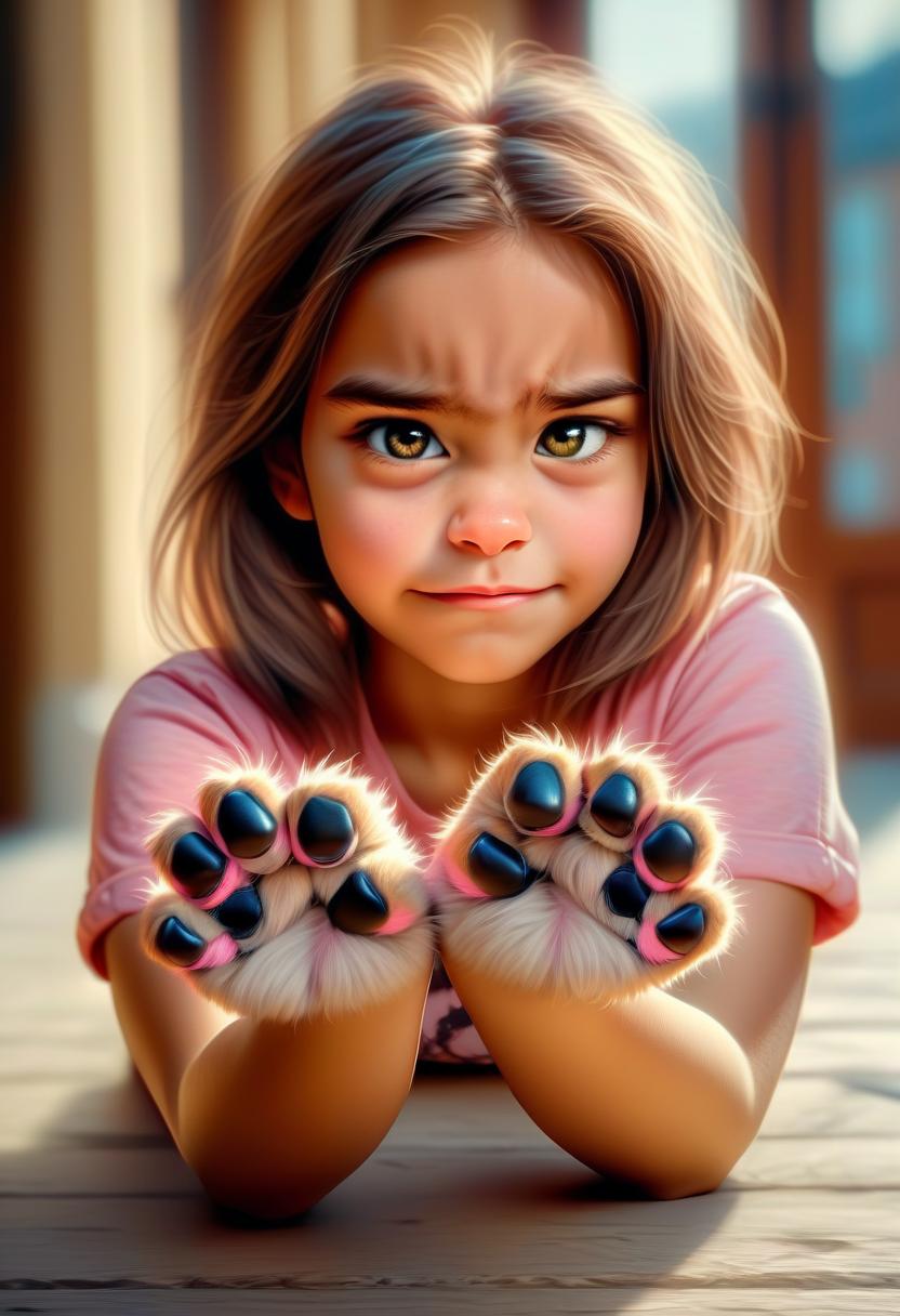  concept art cute young woman with fluffy paws as hand and pinky claws . digital artwork, illustrative, painterly, matte painting, highly detailed, perfect hands, perfecteyes